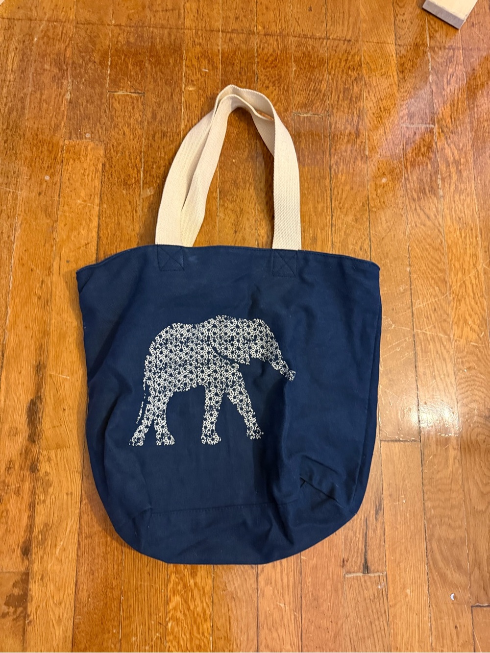 G.H. Bass & Co. Navy Canvas Tote with Elephant Motif and Natural Handles